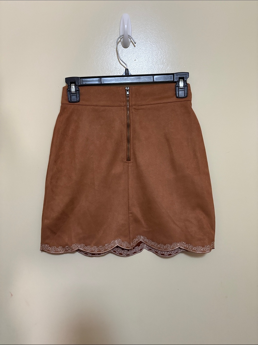 THML Brown Suede Embroidered Floral Mini Skirt with Scalloped Hem - Picture 5 of 7